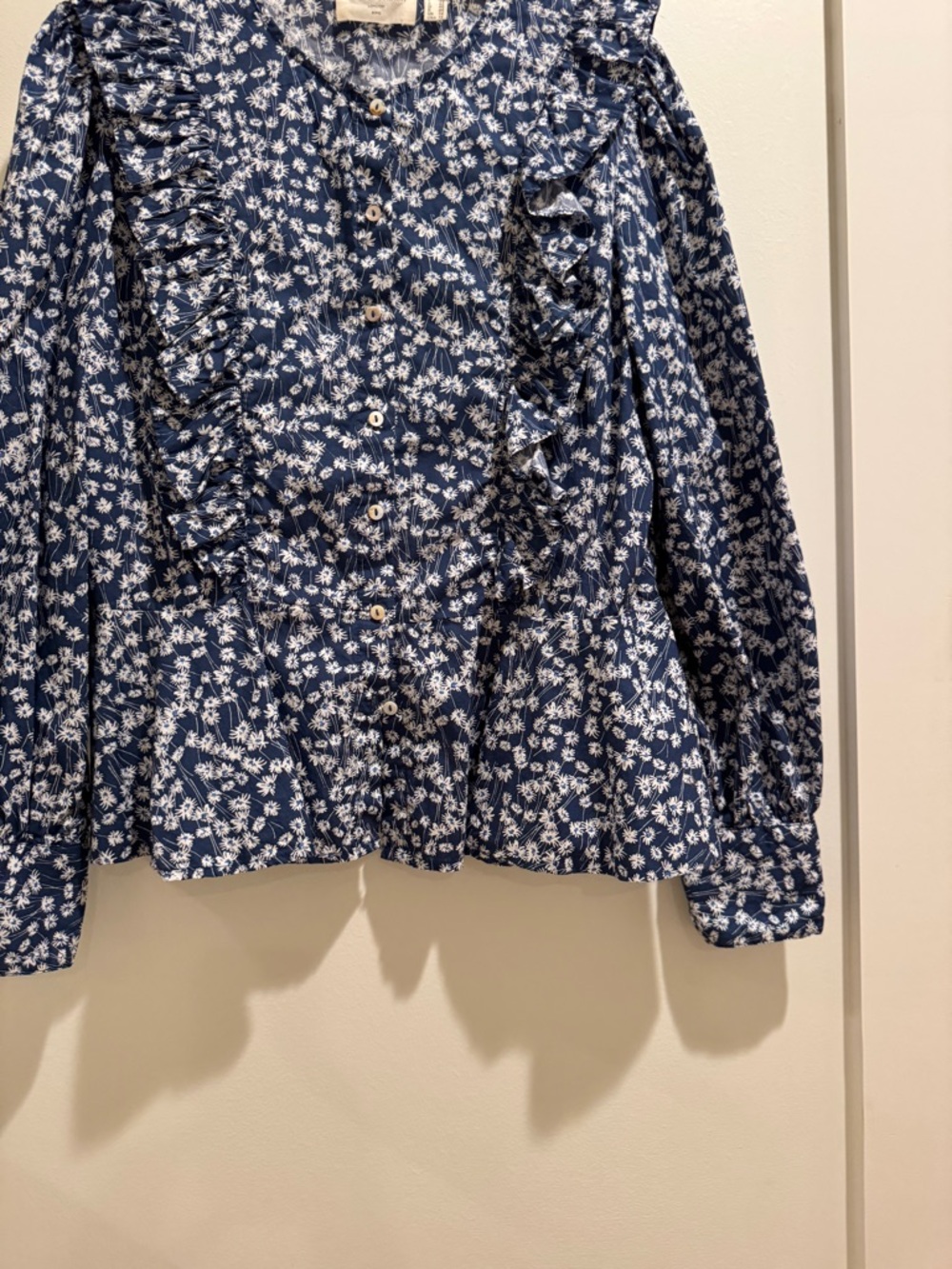 Navy Floral Ruffle Button-Up Blouse - Picture 3 of 4
